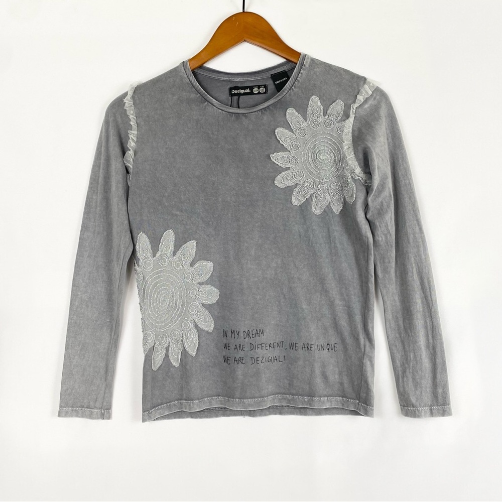 Desigual Floral Long Sleeve‎ Charcoal T Shirt Casual Size 11/12 Gray Cotton
